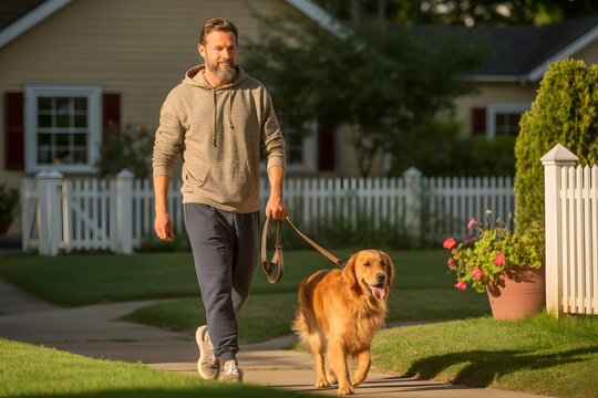 Man walking a golden labrador retriever on a leash