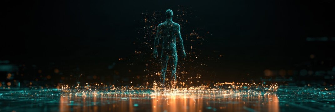 Abstract human is surrounded by scanning sensors that show health metrics as holographic data points in a dark space
