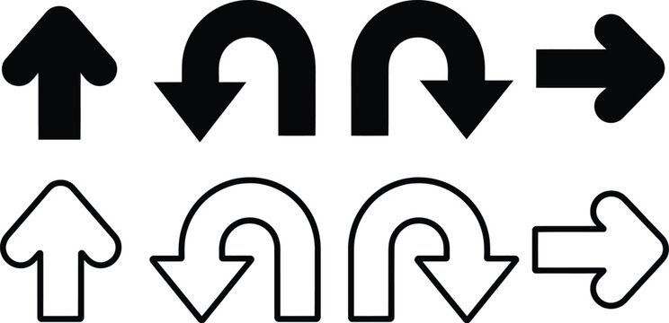Directional arrow icon set, go straight turn left right and u turn signs with black arrow symbols for road navigation traffic guidance transportation and safety.