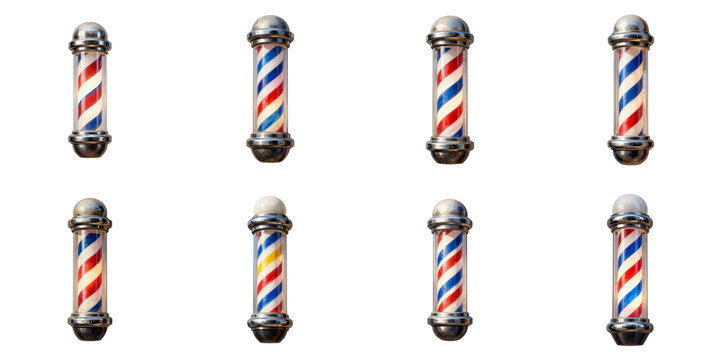Collection of traditional barber poles with red, white, and blue stripes