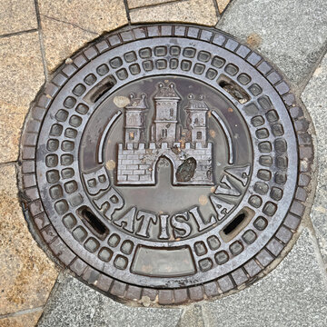 The manhole with the emblem of Bratislava city in Slovakia