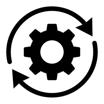 Black silhouette of gear icon with circular arrows on a white background