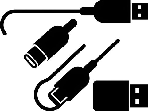 Black silhouette of various usb cables and connectors on a white background