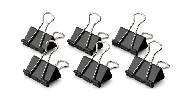Set of Black Metal Binder Clips Foldback Clips Isolated on White Background for Paper Work Document Organization and Stationery Supply