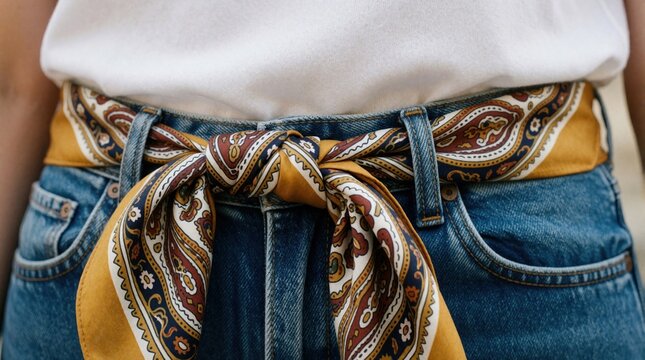 Woman wears jeans and white shirt, accented with colorful patterned scarf tied as a belt. Features a decorative knot, adding a stylish accessory detail to casual outfit.