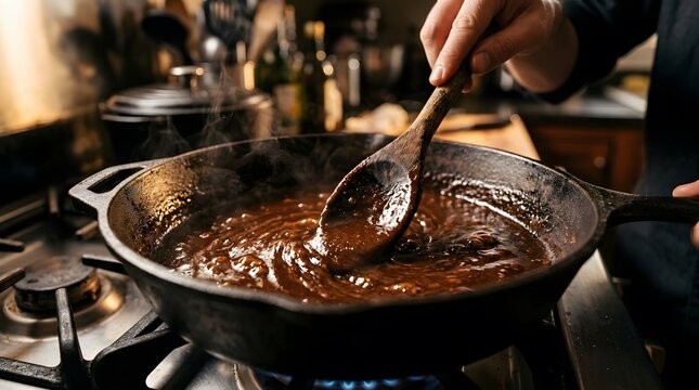 Chef stirring dark roux in a cast iron skillet on a gas stove in a professional kitchen perfect for national gumbo day