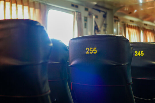 Comfy interior seating on Passenger High Speed Vessel of Express Bahari heading to Sabang from Banda Aceh. Empty ferry cabin seats
