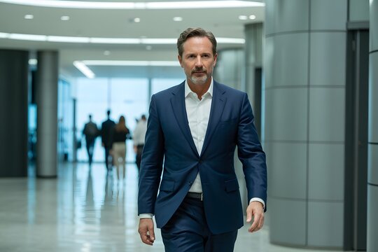 Businessman walking through modern office hallway