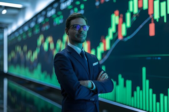 Trader analyzing stock market data on large screens