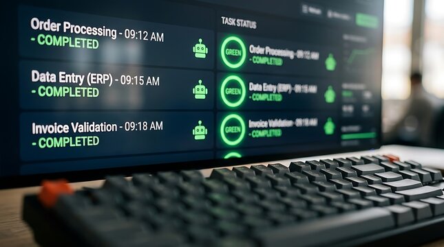 Automated robotic process automation dashboard showing completed enterprise tasks on monitor screen in modern office setup