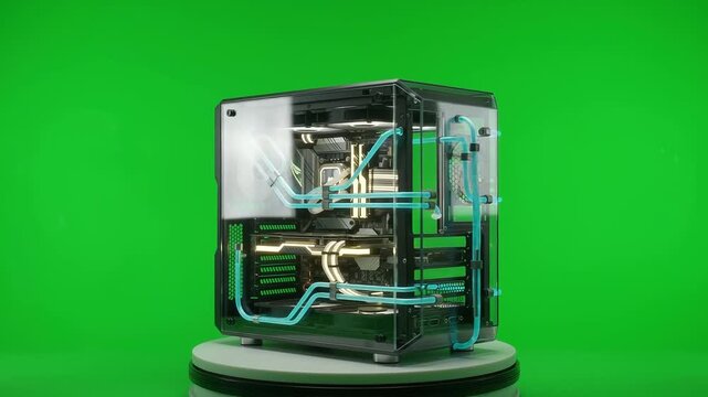 Computer Chassis with Liquid Cooling Rotating on Green Screen