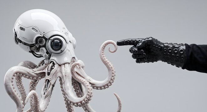Cyborg octopus meets black robotic hand in futuristic white space lab.