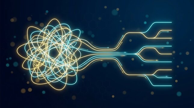 Conceptual Digital Illustration of Chaos Transforming into Order with Neon Glowing Circuit Lines and Data Stream