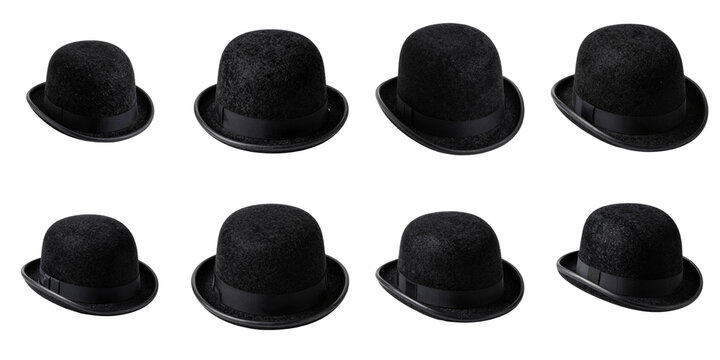 Arrangement of identical black bowler hats isolated against black background for elegant design