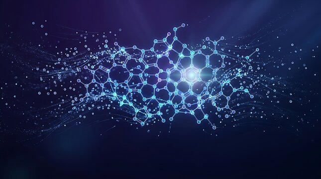 Abstract futuristic nanotechnology molecular structure model. Glowing blue hexagonal chemical bond network on dark background