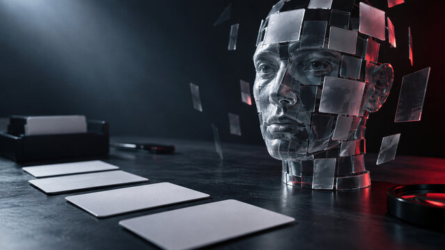Surreal digital concept of a human head composed of fragmented glass tiles and floating data panels on a dark surface with copy space