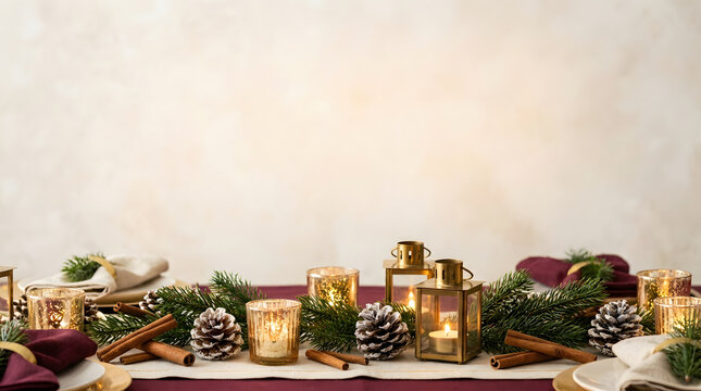 Elegant Christmas table runner setting with burning candles, gold lanterns, pine cones, and cinnamon sticks.