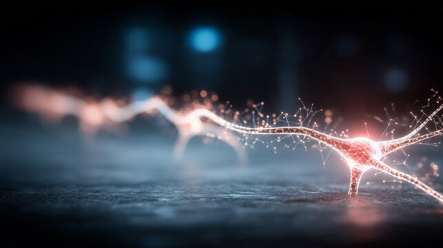 Connected neuron structures forming a neural network represent neuroscience communication and intelligent data processing.
