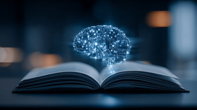 Digital brain floating above an open book represents artificial intelligence learning knowledge and education technology.
