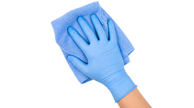 Gloved hand holding blue microfiber cleaning cloth for sanitization and disinfection
