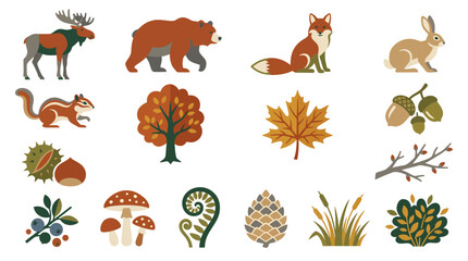 Obraz premium Set of forest animals and woodland plants icons.