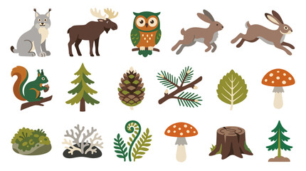 Obraz premium Set of wild forest animals and nature elements in flat vector illustration.