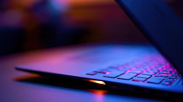 Close-up of a modern laptop keyboard illuminated by vibrant purple and blue ambient lighting