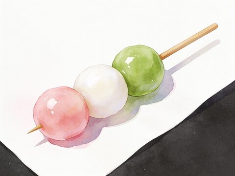 Japanese hanami dango mochi skewer watercolor illustration