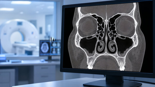 Paranasal sinus CT radiology concept showing early-stage sinusitis with subtle mucosal thickening in realistic medical imaging for healthcare websites, diagnostic education, and patient awareness