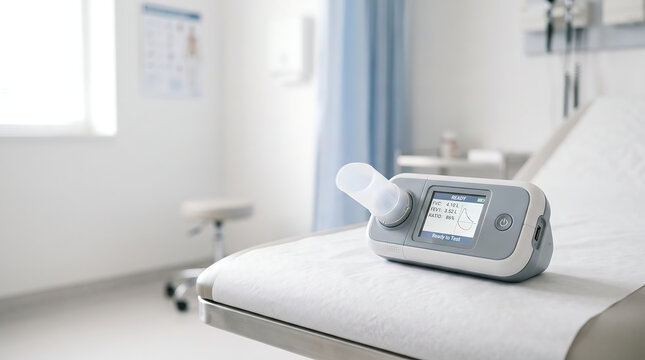 Modern medical spirometer device ready for crucial respiratory testing on an examination table in a bright, pristine clinic for comprehensive lung function spirometry.