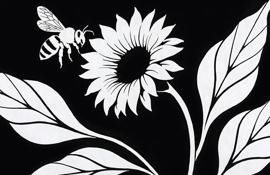 Black and white bee pollinating sunflower illustration