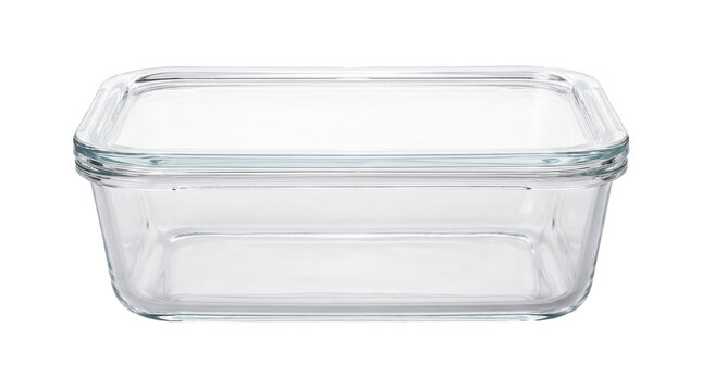 Empty clear glass rectangular food storage container with lid, isolated transparent kitchen bakeware for meal prep and leftovers.