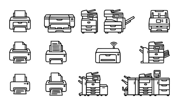 Collection of various office printers and copiers in simple black and white line art