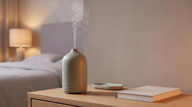Aroma diffuser releasing gentle mist on a bedside table with a book in a softly lit bedroom, illustrating aromatherapy, relaxation, self care and a calming bedtime routine