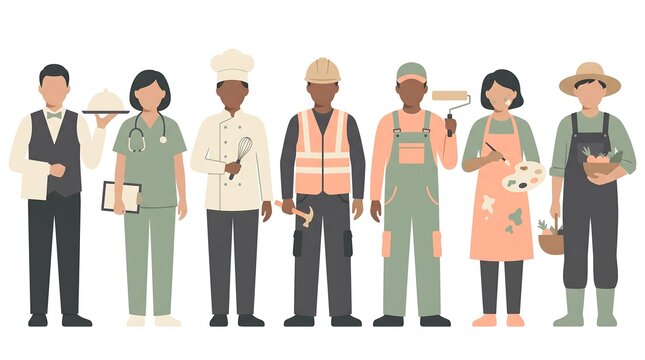 Group of diverse professional workers including waiter doctor chef construction worker painter artist and farmer