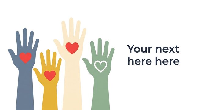 Colorful raised hands with red hearts representing charity volunteer community support and social care unity concept