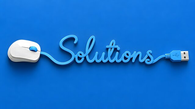 Computer mouse with cable forming the word solutions and USB plug on blue background, representing digital IT support
