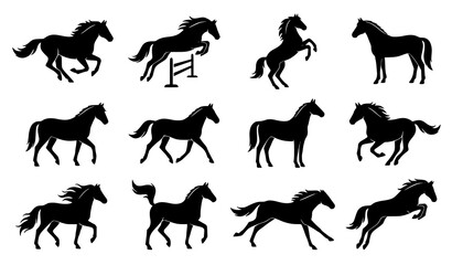 Fototapeta premium Collection of black horse silhouettes in various dynamic poses and movements