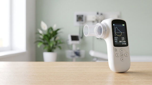Modern spirometry device on a wooden table in a medical examination room, essential for respiratory health assessment.