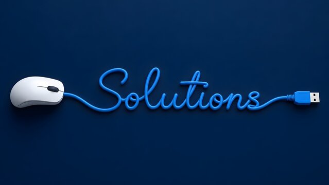 Minimalist computer mouse with blue cable forming solutions word symbolizing clean digital IT support