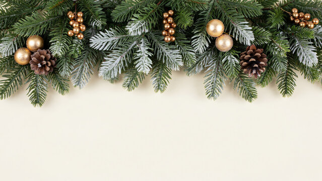 Christmas garland border with frosted fir branches, golden baubles, pine cones, and gold berries on cream background with copy space.