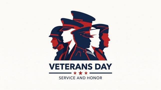 Veterans day illustration with silhouettes of military soldiers and officers wearing hats for service and honor day