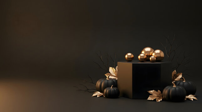 Black pumpkins and golden decorative spheres on a dark surface