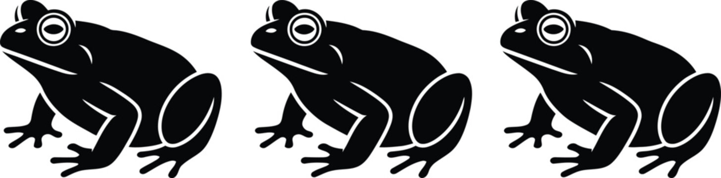 Black frog silhouette vector illustration set featuring three identical frogs isolated on a clean white background