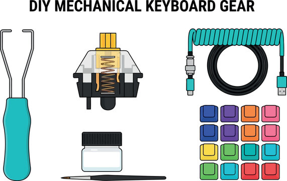 DIY Mechanical Keyboard Customization Gear Vector Set Featuring Switch Puller Linear Switch Coiled Cable Lubricant Bottle Brush and Colorful Keycaps Grid