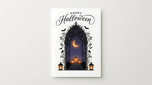 Happy halloween spooky gothic archway with crescent moon and jack o lantern gothic arch halloween decoratio