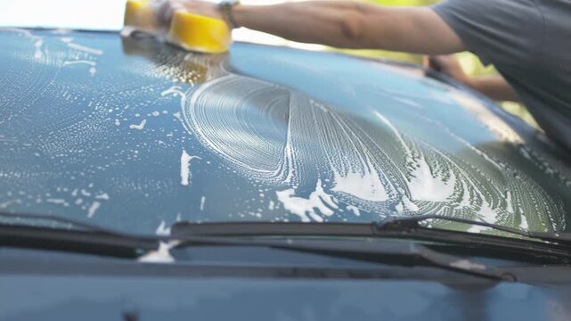 Washing a car with a soft sponge and rich foam close-up