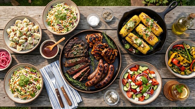 Assorted grilled meats and fresh summer side dishes served on a rustic wooden outdoor table perfect for national veterans bbq day 