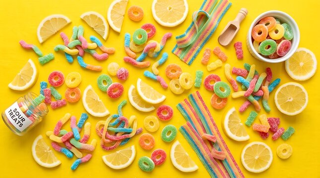 Colorful sour gummy candies and fresh lemon slices arranged on a vibrant yellow background perfect for sourest day