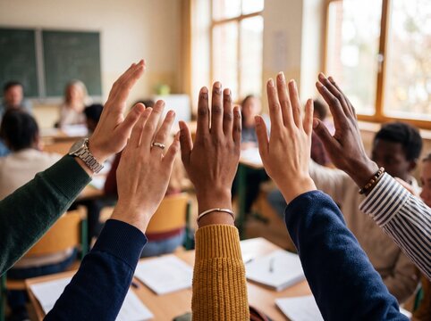 Diverse group of students raising hands in classroom during interactive Q&A session with natural lighting